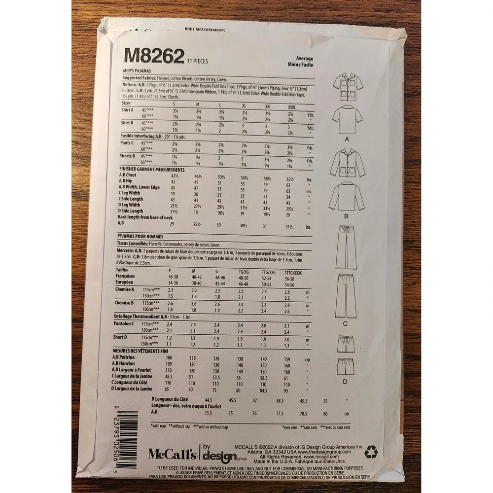 McCalls M8262 Mens Pajamas Sewing Pattern Size XL XXL XXXL Shirt Pants Shorts